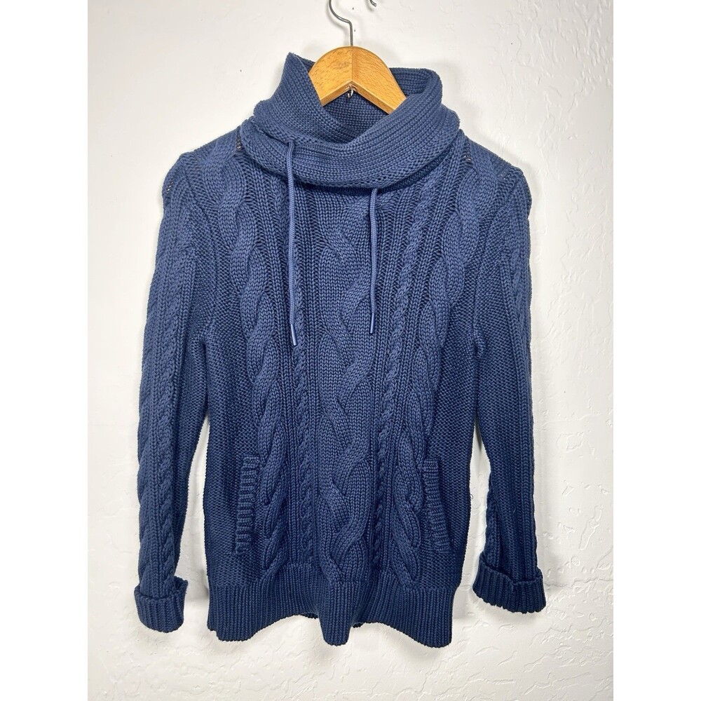 LL Bean Sweater Womens XS Blue Double Mixed Cable Funnel Neck Chunky Long